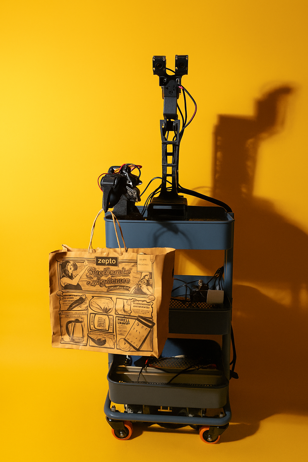 The Zoobotics delivery robot, a blue cart with autonomous navigation cameras